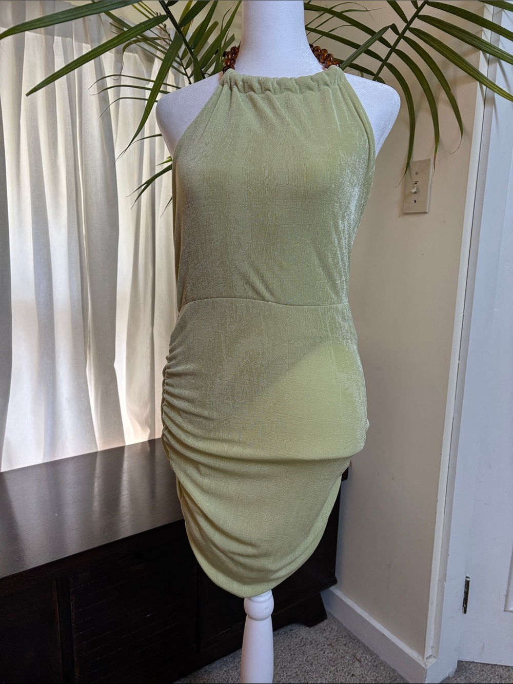Guess Olive Green Halter Ruched Mini Dress